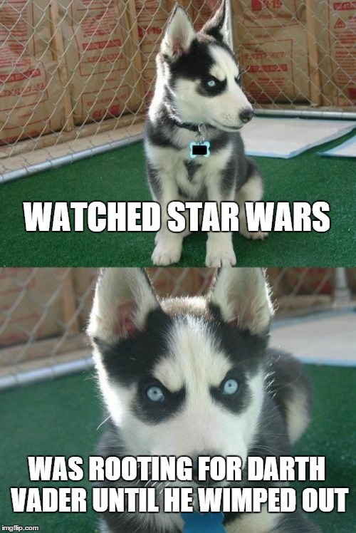 Insanity Puppy Watches Star Wars | WATCHED STAR WARS WAS ROOTING FOR DARTH VADER UNTIL HE WIMPED OUT | image tagged in memes,insanity puppy | made w/ Imgflip meme maker