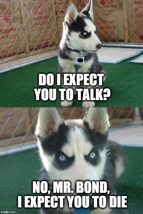 Insanity Puppy Auditions for a Bond Film | DO I EXPECT YOU TO TALK? NO, MR. BOND, I EXPECT YOU TO DIE | image tagged in memes,insanity puppy | made w/ Imgflip meme maker