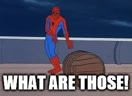 spiderman barrel | WHAT ARE THOSE! | image tagged in memes,spiderman,what are those | made w/ Imgflip meme maker