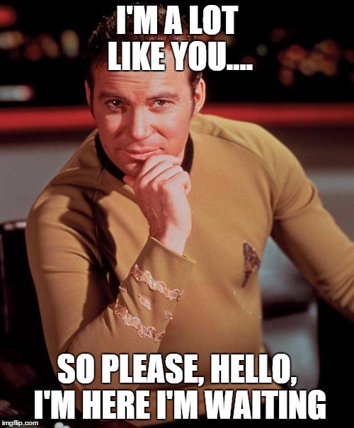 Captain Kirk is Still Single, Ladies | I'M A LOT LIKE YOU.... SO PLEASE, HELLO, I'M HERE I'M WAITING | image tagged in kirkidontalways | made w/ Imgflip meme maker