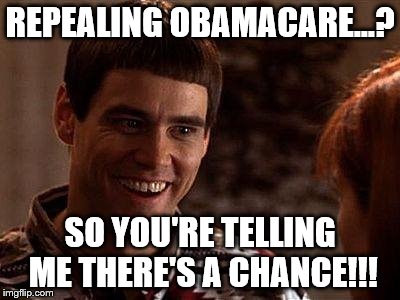 Dumb And Dumber | REPEALING OBAMACARE...? SO YOU'RE TELLING ME THERE'S A CHANCE!!! | image tagged in dumb and dumber | made w/ Imgflip meme maker