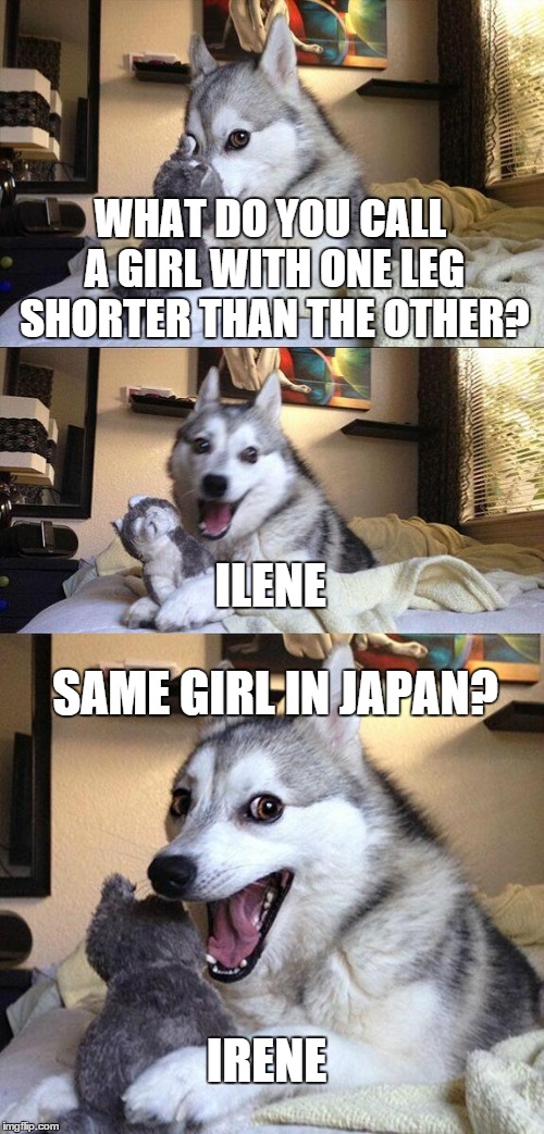 Bad Pun Dog | WHAT DO YOU CALL A GIRL WITH ONE LEG SHORTER THAN THE OTHER? ILENE SAME GIRL IN JAPAN? IRENE | image tagged in memes,bad pun dog | made w/ Imgflip meme maker