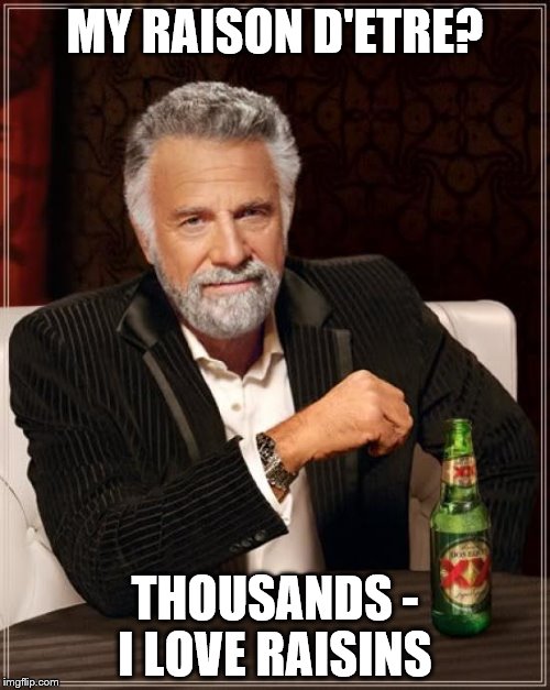 The Most Interesting Man In The World | MY RAISON D'ETRE? THOUSANDS - I LOVE RAISINS | image tagged in memes,the most interesting man in the world | made w/ Imgflip meme maker