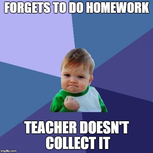 Success Kid Meme | FORGETS TO DO HOMEWORK TEACHER DOESN'T COLLECT IT | image tagged in memes,success kid | made w/ Imgflip meme maker