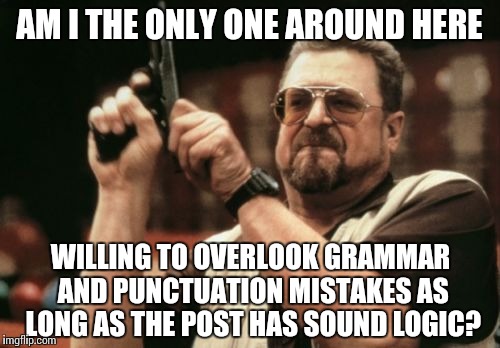 Good ideas > good grammar | AM I THE ONLY ONE AROUND HERE WILLING TO OVERLOOK GRAMMAR AND PUNCTUATION MISTAKES AS LONG AS THE POST HAS SOUND LOGIC? | image tagged in memes,am i the only one around here,logic,grammar nazi | made w/ Imgflip meme maker