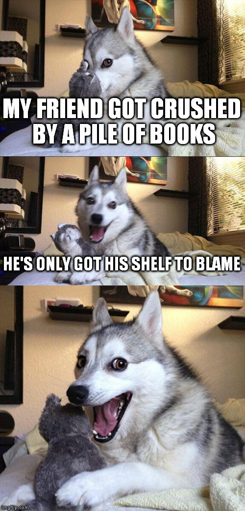 Bad Pun Dog | MY FRIEND GOT CRUSHED BY A PILE OF BOOKS HE'S ONLY GOT HIS SHELF TO BLAME | image tagged in memes,bad pun dog | made w/ Imgflip meme maker