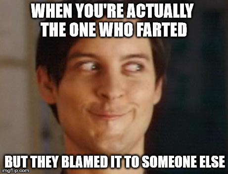 Spiderman Peter Parker | WHEN YOU'RE ACTUALLY THE ONE WHO FARTED BUT THEY BLAMED IT TO SOMEONE ELSE | image tagged in memes,spiderman peter parker | made w/ Imgflip meme maker