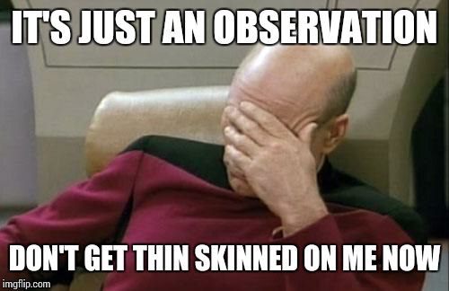 Captain Picard Facepalm Meme | IT'S JUST AN OBSERVATION DON'T GET THIN SKINNED ON ME NOW | image tagged in memes,captain picard facepalm | made w/ Imgflip meme maker