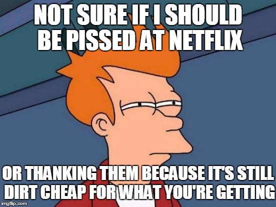 Futurama Fry Meme | NOT SURE IF I SHOULD BE PISSED AT NETFLIX OR THANKING THEM BECAUSE IT'S STILL DIRT CHEAP FOR WHAT YOU'RE GETTING | image tagged in memes,futurama fry | made w/ Imgflip meme maker