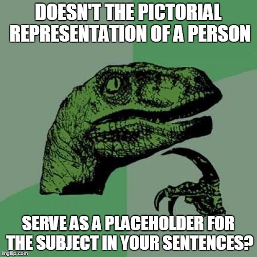 Philosoraptor Meme | DOESN'T THE PICTORIAL REPRESENTATION OF A PERSON SERVE AS A PLACEHOLDER FOR THE SUBJECT IN YOUR SENTENCES? | image tagged in memes,philosoraptor | made w/ Imgflip meme maker