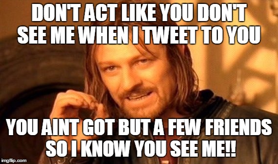 One Does Not Simply Meme | DON'T ACT LIKE YOU DON'T SEE ME WHEN I TWEET TO YOU YOU AINT GOT BUT A FEW FRIENDS SO I KNOW YOU SEE ME!! | image tagged in memes,one does not simply | made w/ Imgflip meme maker
