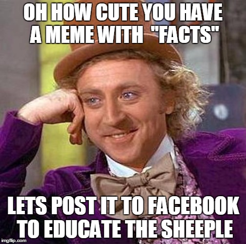 Creepy Condescending Wonka | OH HOW CUTE YOU HAVE A MEME WITH  "FACTS" LETS POST IT TO FACEBOOK TO EDUCATE THE SHEEPLE | image tagged in memes,creepy condescending wonka | made w/ Imgflip meme maker