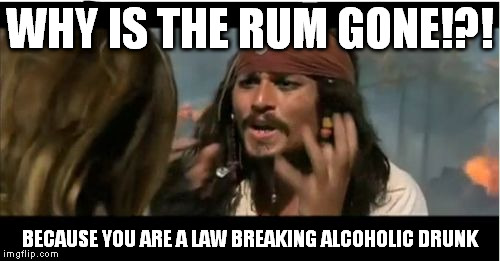 Why Is The Rum Gone | WHY IS THE RUM GONE!?! BECAUSE YOU ARE A LAW BREAKING ALCOHOLIC DRUNK | image tagged in memes,why is the rum gone | made w/ Imgflip meme maker