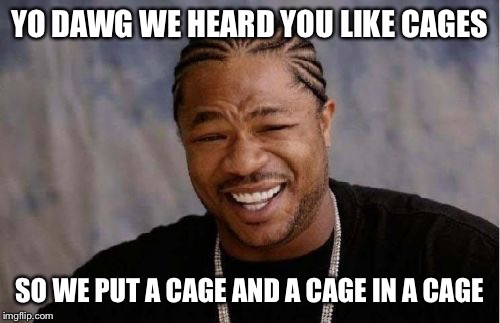 Yo Dawg Heard You Meme | YO DAWG WE HEARD YOU LIKE CAGES SO WE PUT A CAGE AND A CAGE IN A CAGE | image tagged in memes,yo dawg heard you | made w/ Imgflip meme maker