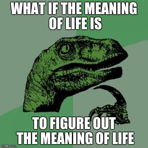 Philosoraptor | WHAT IF THE MEANING OF LIFE IS TO FIGURE OUT THE MEANING OF LIFE | image tagged in memes,philosoraptor | made w/ Imgflip meme maker