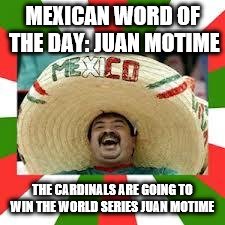 Mexican Fiesta | MEXICAN WORD OF THE DAY: JUAN MOTIME THE CARDINALS ARE GOING TO WIN THE WORLD SERIES JUAN MOTIME | image tagged in mexican fiesta | made w/ Imgflip meme maker