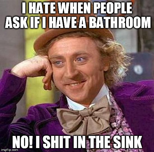 Creepy Condescending Wonka Meme | I HATE WHEN PEOPLE ASK IF I HAVE A BATHROOM NO! I SHIT IN THE SINK | image tagged in memes,creepy condescending wonka | made w/ Imgflip meme maker