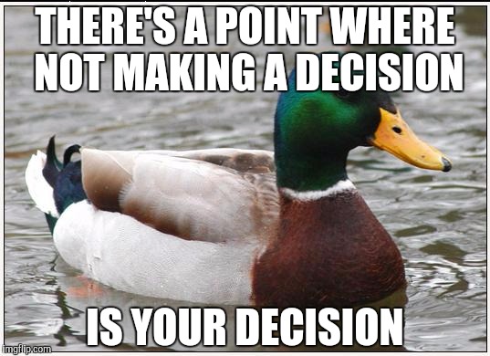 Actual Advice Mallard | THERE'S A POINT WHERE NOT MAKING A DECISION IS YOUR DECISION | image tagged in memes,actual advice mallard,AdviceAnimals | made w/ Imgflip meme maker