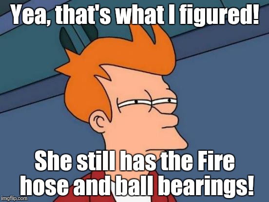 Futurama Fry Meme | Yea, that's what I figured! She still has the Fire hose and ball bearings! | image tagged in memes,futurama fry | made w/ Imgflip meme maker