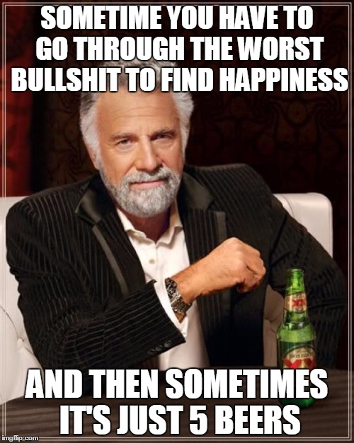 The Most Interesting Man In The World | SOMETIME YOU HAVE TO GO THROUGH THE WORST BULLSHIT TO FIND HAPPINESS AND THEN SOMETIMES IT'S JUST 5 BEERS | image tagged in memes,the most interesting man in the world | made w/ Imgflip meme maker