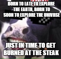 BORN TO LATE TO EXPLORE THE EARTH, BORN TO SOON TO EXPLORE THE UNIVRSE JUST IN TIME TO GET BURNED AT THE STEAK | made w/ Imgflip meme maker