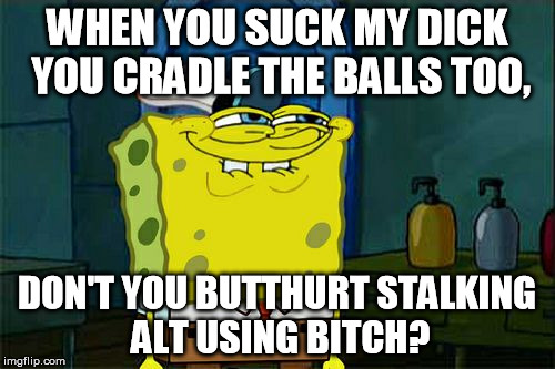 Don't You Squidward Meme | WHEN YOU SUCK MY DICK YOU CRADLE THE BALLS TOO, DON'T YOU BUTTHURT STALKING ALT USING B**CH? | image tagged in memes,dont you squidward | made w/ Imgflip meme maker