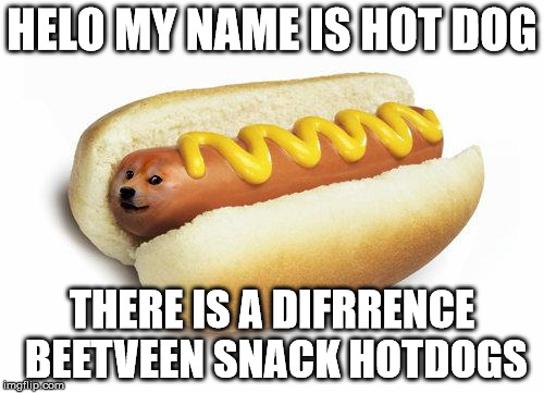 doge hot doge | HELO MY NAME IS HOT DOG THERE IS A DIFRRENCE BEETVEEN SNACK HOTDOGS | image tagged in doge hot doge | made w/ Imgflip meme maker