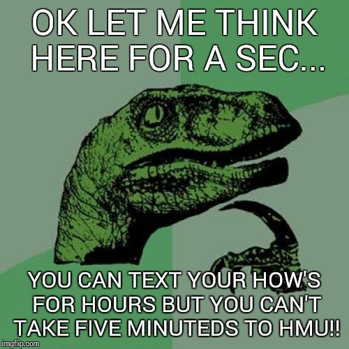 Philosoraptor | OK LET ME THINK HERE FOR A SEC... YOU CAN TEXT YOUR HOW'S FOR HOURS BUT YOU CAN'T TAKE FIVE MINUTEDS TO HMU!! | image tagged in memes,philosoraptor | made w/ Imgflip meme maker