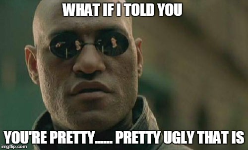 Matrix Morpheus | WHAT IF I TOLD YOU YOU'RE PRETTY...... PRETTY UGLY THAT IS | image tagged in memes,matrix morpheus | made w/ Imgflip meme maker