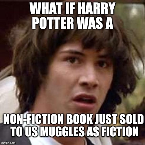 Conspiracy Keanu | WHAT IF HARRY POTTER WAS A NON-FICTION BOOK JUST SOLD TO US MUGGLES AS FICTION | image tagged in memes,conspiracy keanu | made w/ Imgflip meme maker