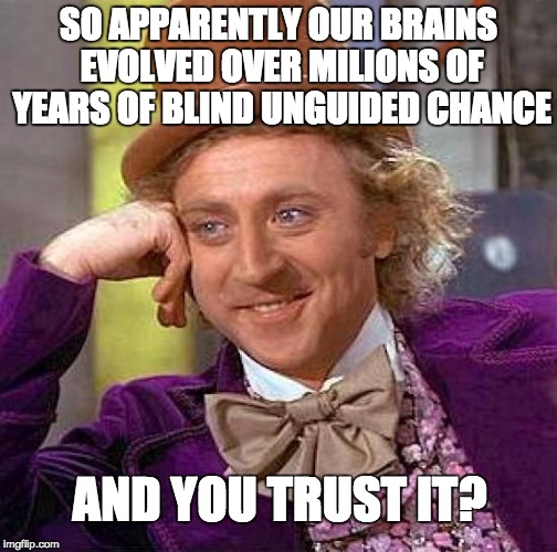after i got into a debate... | SO APPARENTLY OUR BRAINS EVOLVED OVER MILIONS OF YEARS OF BLIND UNGUIDED CHANCE AND YOU TRUST IT? | image tagged in memes,creepy condescending wonka,evolution,batman slapping robin,success kid,kermit the frog | made w/ Imgflip meme maker