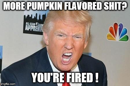 You're fired | MORE PUMPKIN FLAVORED SHIT? YOU'RE FIRED ! | image tagged in trump,apprentice,you're fired | made w/ Imgflip meme maker