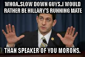 WHOA..SLOW DOWN GUYS..I WOULD RATHER BE HILLARY'S RUNNING MATE THAN SPEAKER OF YOU MORONS. | image tagged in ryan | made w/ Imgflip meme maker