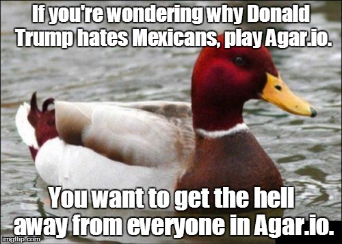 Malicious Advice Mallard | If you're wondering why Donald Trump hates Mexicans, play Agar.io. You want to get the hell away from everyone in Agar.io. | image tagged in memes,malicious advice mallard | made w/ Imgflip meme maker