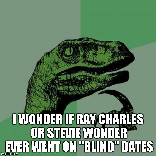 Philosoraptor Meme | I WONDER IF RAY CHARLES OR STEVIE WONDER EVER WENT ON "BLIND" DATES | image tagged in memes,philosoraptor | made w/ Imgflip meme maker
