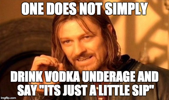 One Does Not Simply Meme | ONE DOES NOT SIMPLY DRINK VODKA UNDERAGE AND SAY "ITS JUST A LITTLE SIP" | image tagged in memes,one does not simply | made w/ Imgflip meme maker