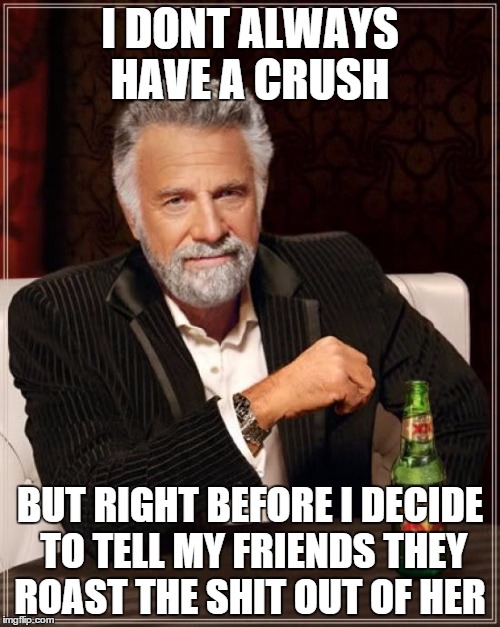The Most Interesting Man In The World | I DONT ALWAYS HAVE A CRUSH BUT RIGHT BEFORE I DECIDE TO TELL MY FRIENDS THEY ROAST THE SHIT OUT OF HER | image tagged in memes,the most interesting man in the world | made w/ Imgflip meme maker