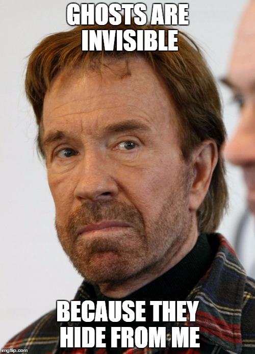 Chuck norris | GHOSTS ARE INVISIBLE BECAUSE THEY HIDE FROM ME | image tagged in chuck norris,ghost | made w/ Imgflip meme maker