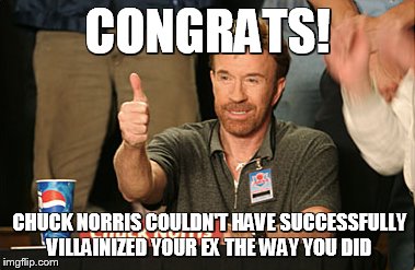 Chuck Norris Approves | CONGRATS! CHUCK NORRIS COULDN'T HAVE SUCCESSFULLY VILLAINIZED YOUR EX THE WAY YOU DID | image tagged in memes,chuck norris approves | made w/ Imgflip meme maker