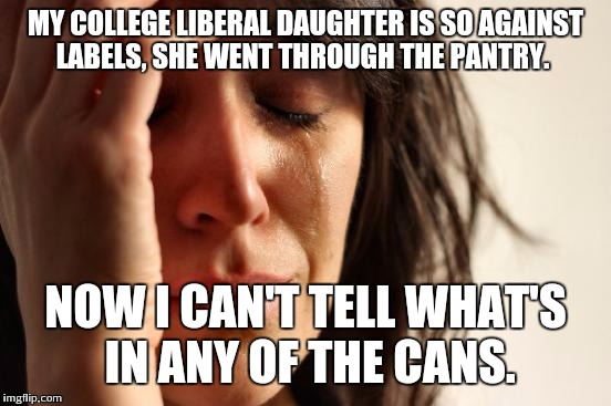 First World Problems | MY COLLEGE LIBERAL DAUGHTER IS SO AGAINST LABELS, SHE WENT THROUGH THE PANTRY. NOW I CAN'T TELL WHAT'S IN ANY OF THE CANS. | image tagged in memes,first world problems | made w/ Imgflip meme maker