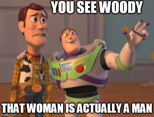 X, X Everywhere | YOU SEE WOODY THAT WOMAN IS ACTUALLY A MAN | image tagged in memes,x x everywhere | made w/ Imgflip meme maker