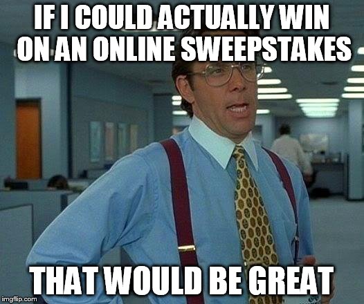 That Would Be Great | IF I COULD ACTUALLY WIN ON AN ONLINE SWEEPSTAKES THAT WOULD BE GREAT | image tagged in memes,that would be great | made w/ Imgflip meme maker