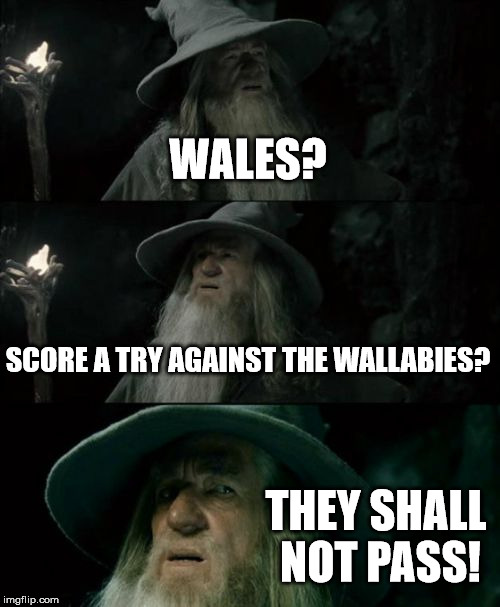 Confused Gandalf | WALES? SCORE A TRY AGAINST THE WALLABIES? THEY SHALL NOT PASS! | image tagged in memes,confused gandalf | made w/ Imgflip meme maker