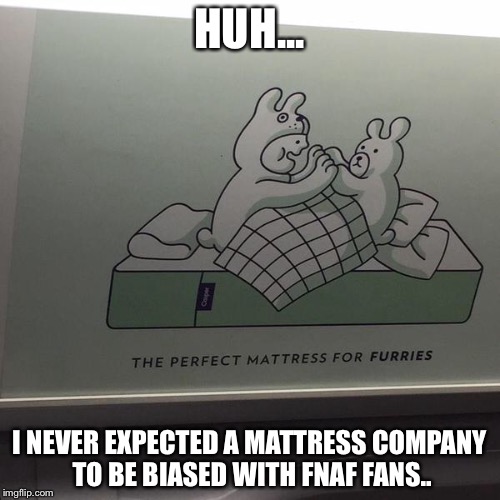 Send Out Robarate! | HUH... I NEVER EXPECTED A MATTRESS COMPANY TO BE BIASED WITH FNAF FANS.. | image tagged in furries,sucks,fnaf | made w/ Imgflip meme maker