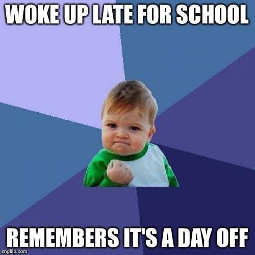 Success Kid | WOKE UP LATE FOR SCHOOL REMEMBERS IT'S A DAY OFF | image tagged in memes,success kid | made w/ Imgflip meme maker
