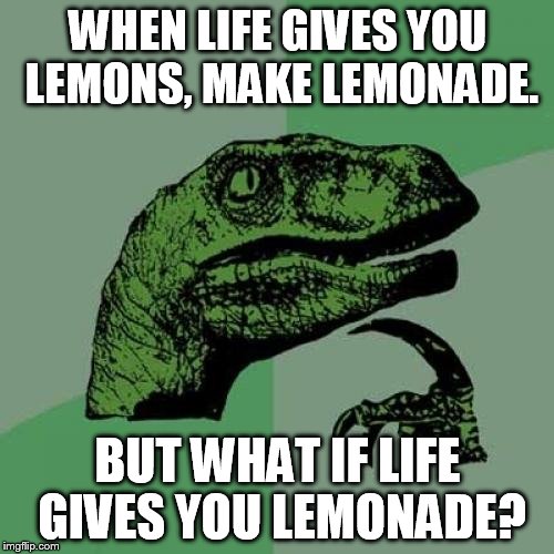 Philosoraptor | WHEN LIFE GIVES YOU LEMONS, MAKE LEMONADE. BUT WHAT IF LIFE GIVES YOU LEMONADE? | image tagged in memes,philosoraptor | made w/ Imgflip meme maker