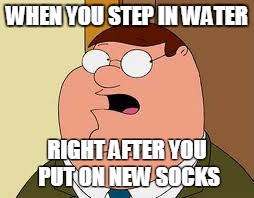 Family Guy Peter | WHEN YOU STEP IN WATER RIGHT AFTER YOU PUT ON NEW SOCKS | image tagged in memes,family guy peter | made w/ Imgflip meme maker