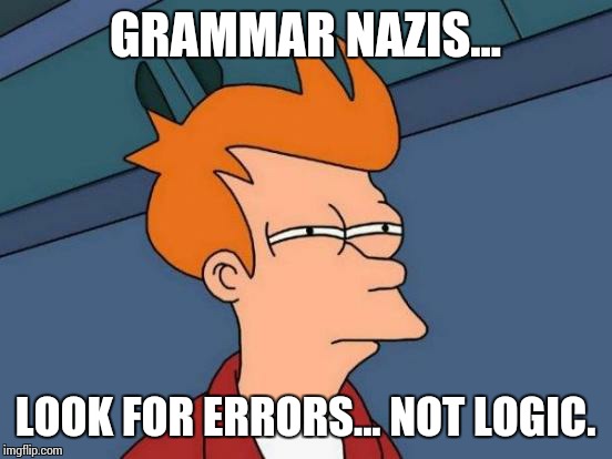 Futurama Fry Meme | GRAMMAR NAZIS... LOOK FOR ERRORS... NOT LOGIC. | image tagged in memes,futurama fry | made w/ Imgflip meme maker