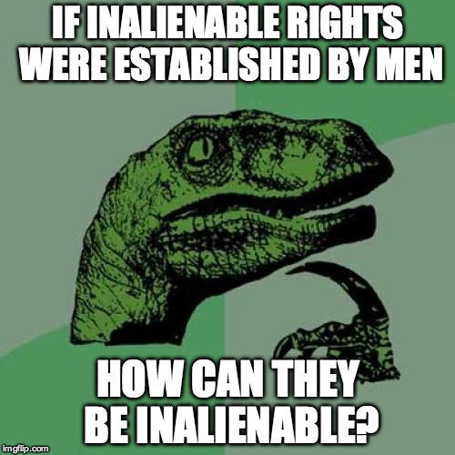 Philosoraptor | IF INALIENABLE RIGHTS WERE ESTABLISHED BY MEN HOW CAN THEY BE INALIENABLE? | image tagged in memes,philosoraptor | made w/ Imgflip meme maker