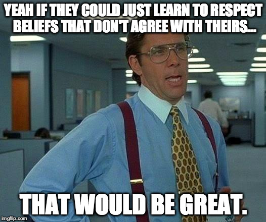 YEAH IF THEY COULD JUST LEARN TO RESPECT BELIEFS THAT DON'T AGREE WITH THEIRS... THAT WOULD BE GREAT. | image tagged in memes,that would be great | made w/ Imgflip meme maker